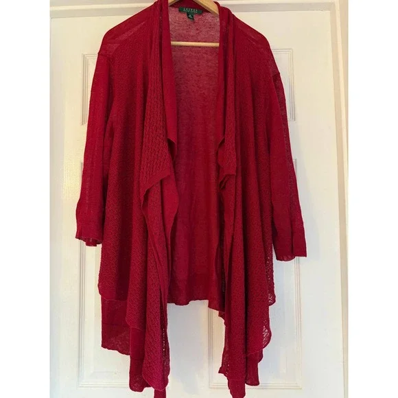 Lauren Ralph Lauren Red 100% Linen Open Front Waterfall Cardigan 3X RN 41381 - Picture 1 of 8